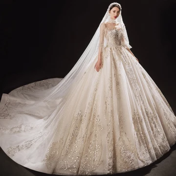 Luxury Gorgeous Champagne See Through Bridal Wedding Dresses 2021 Ball Gown Square Neckline Puffy 1 2 Sleeves Backless Beading Sequins Glitter Tulle Cathedral Train Ruffle