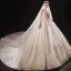 Luxus / Herrlich Champagner Durchsichtige Hochzeits Brautkleider / Hochzeitskleider 2021 Ballkleid Eckiger Ausschnitt Geschwollenes 1/2 Ärmel Rückenfreies Perlenstickerei Pailletten Glanz Tülle Kathedrale Schleppe Rüschen
