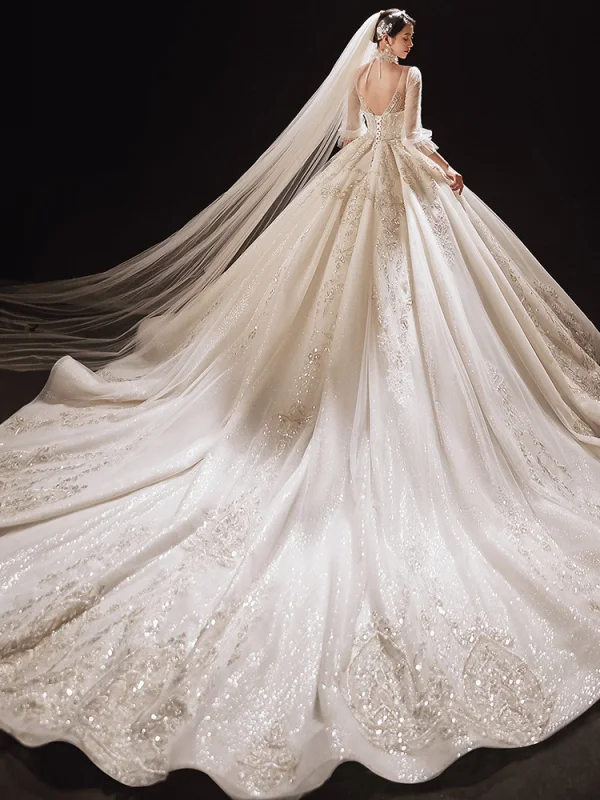 Luxus / Herrlich Champagner Durchsichtige Hochzeits Brautkleider / Hochzeitskleider 2021 Ballkleid Eckiger Ausschnitt Geschwollenes 1/2 Ärmel Rückenfreies Perlenstickerei Pailletten Glanz Tülle Kathedrale Schleppe Rüschen
