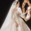 Luxus / Herrlich Champagner Durchsichtige Hochzeits Brautkleider / Hochzeitskleider 2021 Ballkleid Eckiger Ausschnitt Geschwollenes 1/2 Ärmel Rückenfreies Perlenstickerei Pailletten Glanz Tülle Kathedrale Schleppe Rüschen