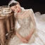Luxus / Herrlich Champagner Durchsichtige Hochzeits Brautkleider / Hochzeitskleider 2021 Ballkleid Eckiger Ausschnitt Geschwollenes 1/2 Ärmel Rückenfreies Perlenstickerei Pailletten Glanz Tülle Kathedrale Schleppe Rüschen