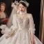 Luxus / Herrlich Champagner Durchsichtige Hochzeits Brautkleider / Hochzeitskleider 2021 Ballkleid Eckiger Ausschnitt Geschwollenes 1/2 Ärmel Rückenfreies Perlenstickerei Pailletten Glanz Tülle Kathedrale Schleppe Rüschen