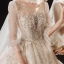 Luxus / Herrlich Champagner Durchsichtige Hochzeits Brautkleider / Hochzeitskleider 2021 Ballkleid Eckiger Ausschnitt Geschwollenes 1/2 Ärmel Rückenfreies Perlenstickerei Pailletten Glanz Tülle Kathedrale Schleppe Rüschen