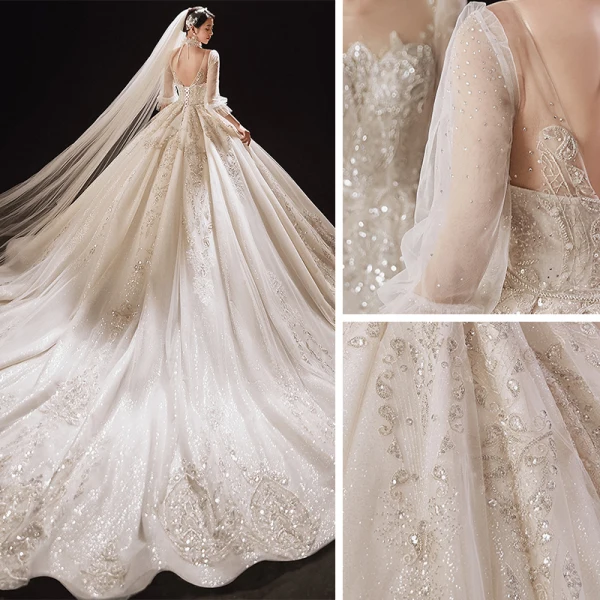 Luxus / Herrlich Champagner Durchsichtige Hochzeits Brautkleider / Hochzeitskleider 2021 Ballkleid Eckiger Ausschnitt Geschwollenes 1/2 Ärmel Rückenfreies Perlenstickerei Pailletten Glanz Tülle Kathedrale Schleppe Rüschen
