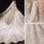 Luxus / Herrlich Champagner Durchsichtige Hochzeits Brautkleider / Hochzeitskleider 2021 Ballkleid Eckiger Ausschnitt Geschwollenes 1/2 Ärmel Rückenfreies Perlenstickerei Pailletten Glanz Tülle Kathedrale Schleppe Rüschen