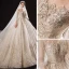 Luxus / Herrlich Champagner Durchsichtige Hochzeits Brautkleider / Hochzeitskleider 2021 Ballkleid Eckiger Ausschnitt Geschwollenes 1/2 Ärmel Rückenfreies Perlenstickerei Pailletten Glanz Tülle Kathedrale Schleppe Rüschen