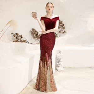 Scintillantes Bordeaux Paillettes Robe De Soirée 2021 Trompette Sirène De L 039 Épaule Manches Courtes Dos Nu Longue Volants Robe De Ceremonie