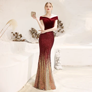 Sparkly Burgundy Sequins Evening Dresses 2021 Trumpet Mermaid Off The Shoulder Short Sleeve Backless Floor Length Long Ruffle Formal Dresses
