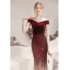 Scintillantes Bordeaux Paillettes Robe De Soirée 2021 Trompette / Sirène De l'épaule Manches Courtes Dos Nu Longue Volants Robe De Ceremonie