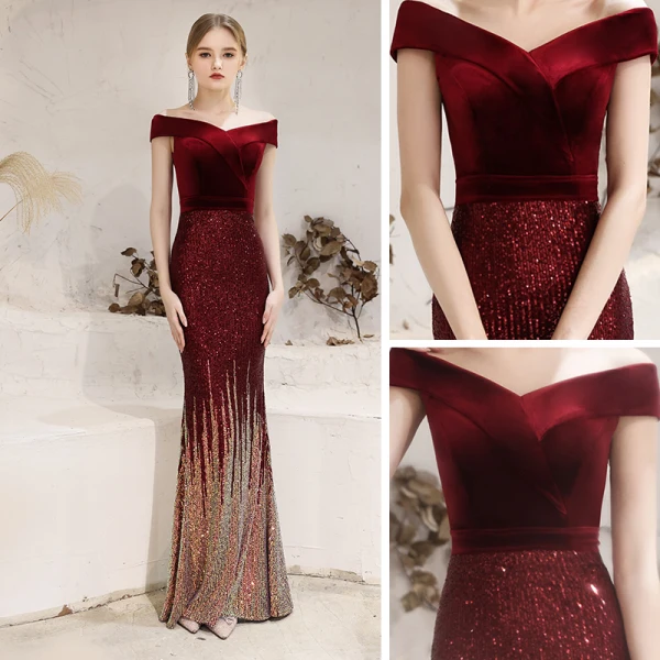 Scintillantes Bordeaux Paillettes Robe De Soirée 2021 Trompette / Sirène De l'épaule Manches Courtes Dos Nu Longue Volants Robe De Ceremonie