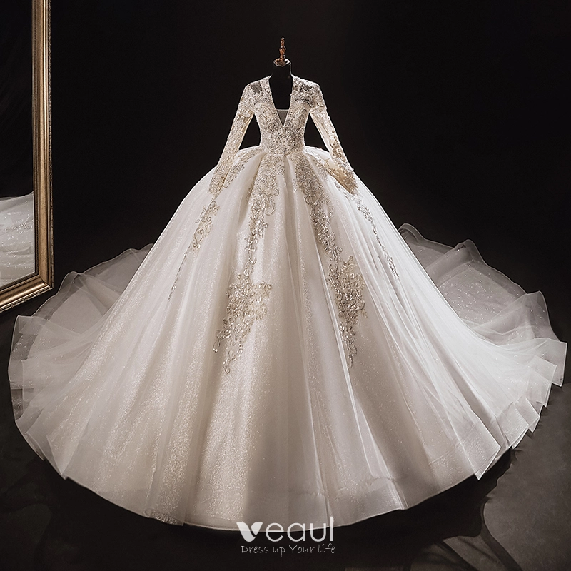 Appliques Backless Deep V Neck Beading Ruffles Wedding Dress