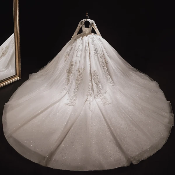 Luxury / Gorgeous Ivory Bridal Wedding Dresses 2021 Ball Gown Deep V-Neck Long Sleeve Backless Appliques Lace Beading Sequins Glitter Tulle Royal Train Ruffle