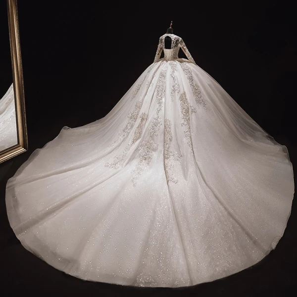 Luxury / Gorgeous Ivory Bridal Wedding Dresses 2021 Ball Gown Deep V-Neck Long Sleeve Backless Appliques Lace Beading Sequins Glitter Tulle Royal Train Ruffle