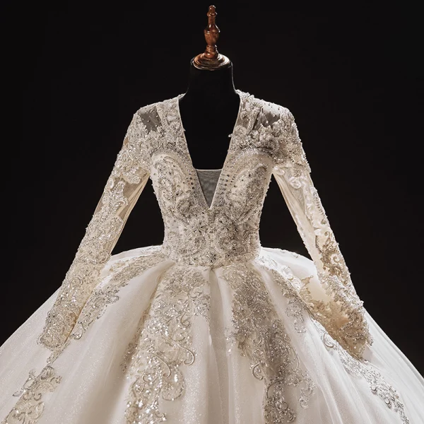 Luxury / Gorgeous Ivory Bridal Wedding Dresses 2021 Ball Gown Deep V-Neck Long Sleeve Backless Appliques Lace Beading Sequins Glitter Tulle Royal Train Ruffle