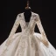 Luxury / Gorgeous Ivory Bridal Wedding Dresses 2021 Ball Gown Deep V-Neck Long Sleeve Backless Appliques Lace Beading Sequins Glitter Tulle Royal Train Ruffle