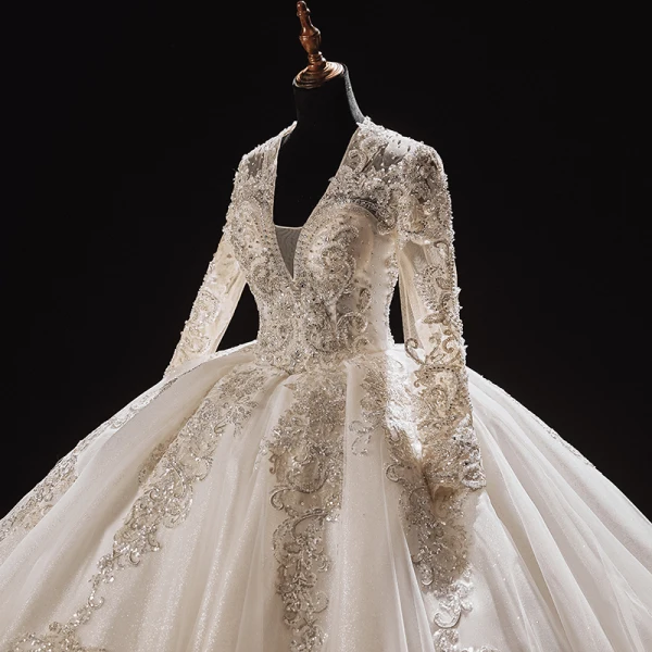 Luxury / Gorgeous Ivory Bridal Wedding Dresses 2021 Ball Gown Deep V-Neck Long Sleeve Backless Appliques Lace Beading Sequins Glitter Tulle Royal Train Ruffle