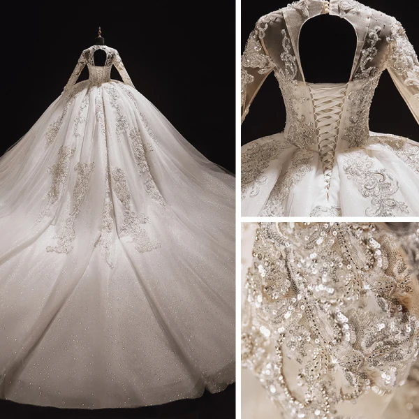 Luxury / Gorgeous Ivory Bridal Wedding Dresses 2021 Ball Gown Deep V-Neck Long Sleeve Backless Appliques Lace Beading Sequins Glitter Tulle Royal Train Ruffle