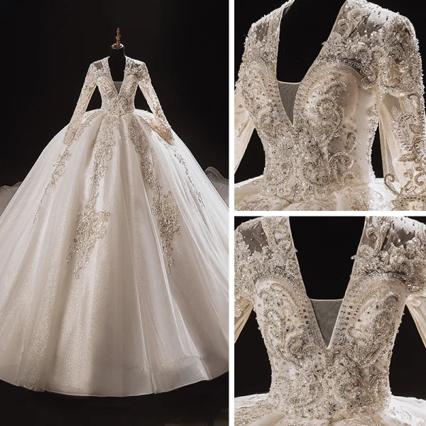Luxury / Gorgeous Ivory Bridal Wedding Dresses 2021 Ball Gown Deep V-Neck Long Sleeve Backless Appliques Lace Beading Sequins Glitter Tulle Royal Train Ruffle