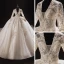 Luxury / Gorgeous Ivory Bridal Wedding Dresses 2021 Ball Gown Deep V-Neck Long Sleeve Backless Appliques Lace Beading Sequins Glitter Tulle Royal Train Ruffle