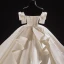 Luxury / Gorgeous Ivory Satin Bridal Wedding Dresses 2021 Ball Gown Off-The-Shoulder Short Sleeve Backless Appliques Lace Handmade  Beading Cathedral Train