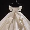 Luxury / Gorgeous Ivory Satin Bridal Wedding Dresses 2021 Ball Gown Off-The-Shoulder Short Sleeve Backless Appliques Lace Handmade  Beading Cathedral Train
