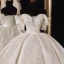 Luxury / Gorgeous Ivory Satin Bridal Wedding Dresses 2021 Ball Gown Off-The-Shoulder Short Sleeve Backless Appliques Lace Handmade  Beading Cathedral Train