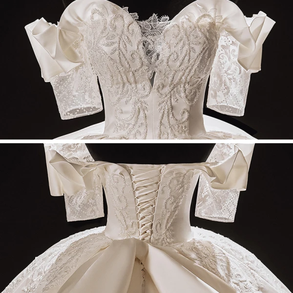 Luxury / Gorgeous Ivory Satin Bridal Wedding Dresses 2021 Ball Gown Off-The-Shoulder Short Sleeve Backless Appliques Lace Handmade  Beading Cathedral Train