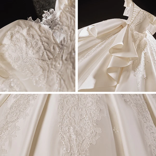 Luxury / Gorgeous Ivory Satin Bridal Wedding Dresses 2021 Ball Gown Off-The-Shoulder Short Sleeve Backless Appliques Lace Handmade  Beading Cathedral Train