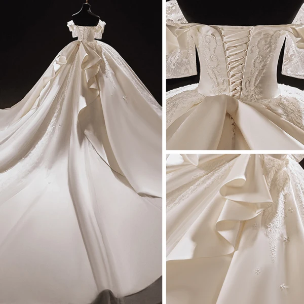 Luxury / Gorgeous Ivory Satin Bridal Wedding Dresses 2021 Ball Gown Off-The-Shoulder Short Sleeve Backless Appliques Lace Handmade  Beading Cathedral Train