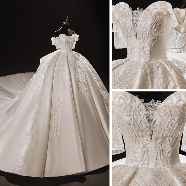 Luxury / Gorgeous Ivory Satin Bridal Wedding Dresses 2021 Ball Gown Off-The-Shoulder Short Sleeve Backless Appliques Lace Handmade  Beading Cathedral Train