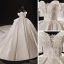 Luxury / Gorgeous Ivory Satin Bridal Wedding Dresses 2021 Ball Gown Off-The-Shoulder Short Sleeve Backless Appliques Lace Handmade  Beading Cathedral Train