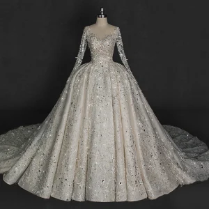Illusjon Elfenben Brudekjoler 2018 Ballkjole V Hals Langermede Ryggløse Stjerne Appliques Boret Blonder Glitter Rhinestone Cathedral Train Buste