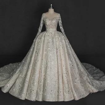 Illusion Ivory Wedding Dresses 2018 Ball Gown V Neck Long Sleeve Backless Star Appliques Pierced Lace Glitter Rhinestone Cathedral Train Ruffle
