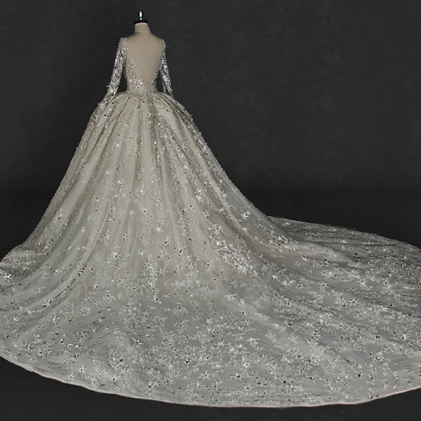 Illusion Ivory Wedding Dresses 2018 Ball Gown V-Neck Long Sleeve Backless Star Appliques Pierced Lace Glitter Rhinestone Cathedral Train Ruffle