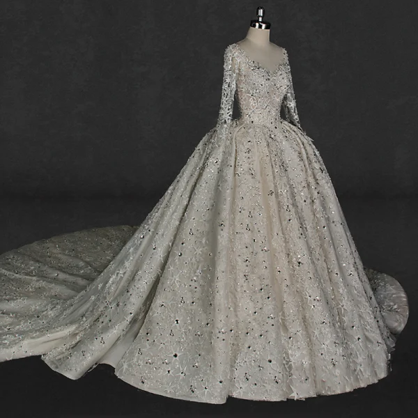 Illusion Ivory Wedding Dresses 2018 Ball Gown V-Neck Long Sleeve Backless Star Appliques Pierced Lace Glitter Rhinestone Cathedral Train Ruffle