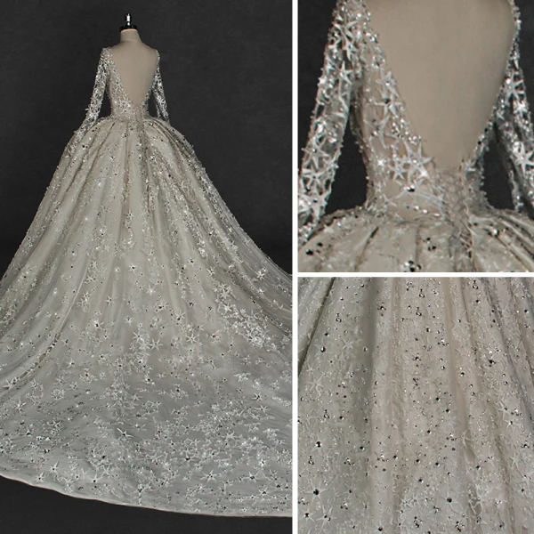 Illusion Ivory Wedding Dresses 2018 Ball Gown V-Neck Long Sleeve Backless Star Appliques Pierced Lace Glitter Rhinestone Cathedral Train Ruffle