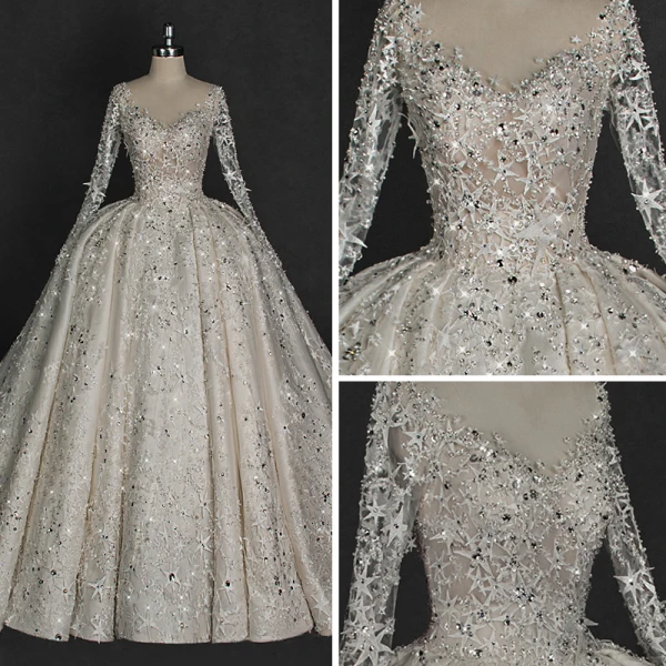 Illusion Ivory Wedding Dresses 2018 Ball Gown V-Neck Long Sleeve Backless Star Appliques Pierced Lace Glitter Rhinestone Cathedral Train Ruffle