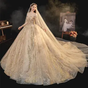 High End Champagne Bridal Wedding Dresses 2021 Ball Gown See Through Scoop Neck Long Sleeve Backless Appliques Lace Beading Glitter Tulle Cathedral Train Ruffle