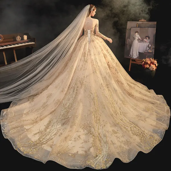 High-end Champagne Bridal Wedding Dresses 2021 Ball Gown See-through Scoop Neck Long Sleeve Backless Appliques Lace Beading Glitter Tulle Cathedral Train Ruffle