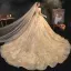 High-end Champagne Bridal Wedding Dresses 2021 Ball Gown See-through Scoop Neck Long Sleeve Backless Appliques Lace Beading Glitter Tulle Cathedral Train Ruffle