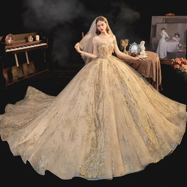 High-end Champagne Bridal Wedding Dresses 2021 Ball Gown See-through Scoop Neck Long Sleeve Backless Appliques Lace Beading Glitter Tulle Cathedral Train Ruffle