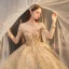 High-end Champagne Bridal Wedding Dresses 2021 Ball Gown See-through Scoop Neck Long Sleeve Backless Appliques Lace Beading Glitter Tulle Cathedral Train Ruffle