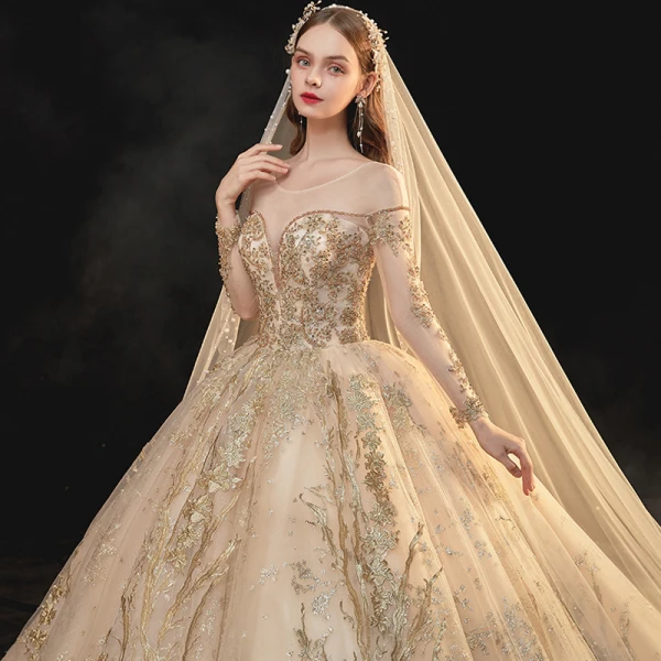 High-end Champagne Bridal Wedding Dresses 2021 Ball Gown See-through Scoop Neck Long Sleeve Backless Appliques Lace Beading Glitter Tulle Cathedral Train Ruffle