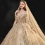 High-end Champagne Bridal Wedding Dresses 2021 Ball Gown See-through Scoop Neck Long Sleeve Backless Appliques Lace Beading Glitter Tulle Cathedral Train Ruffle