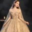 High-end Champagne Bridal Wedding Dresses 2021 Ball Gown See-through Scoop Neck Long Sleeve Backless Appliques Lace Beading Glitter Tulle Cathedral Train Ruffle