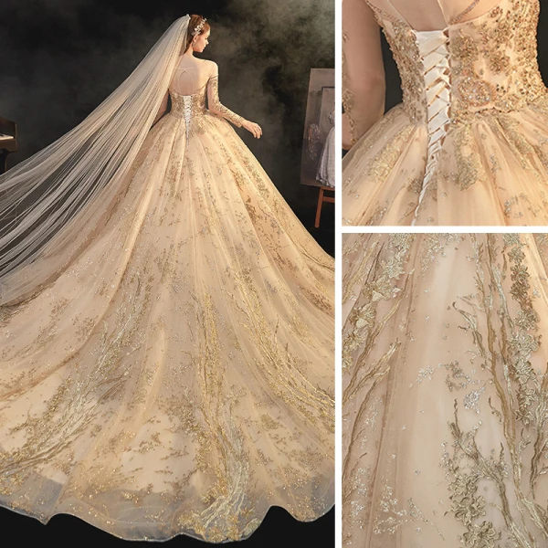High-end Champagne Bridal Wedding Dresses 2021 Ball Gown See-through Scoop Neck Long Sleeve Backless Appliques Lace Beading Glitter Tulle Cathedral Train Ruffle