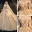 High-end Champagne Bridal Wedding Dresses 2021 Ball Gown See-through Scoop Neck Long Sleeve Backless Appliques Lace Beading Glitter Tulle Cathedral Train Ruffle