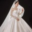 Victorian Style Ivory See-through Bridal Wedding Dresses 2021 Ball Gown High Neck Puffy Long Sleeve Backless Beading Pearl Rhinestone Cathedral Train Ruffle
