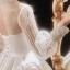 Victorian Style Ivory See-through Bridal Wedding Dresses 2021 Ball Gown High Neck Puffy Long Sleeve Backless Beading Pearl Rhinestone Cathedral Train Ruffle