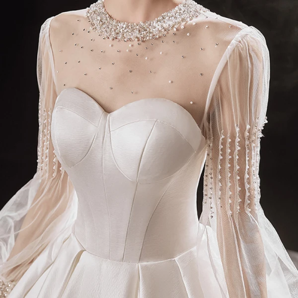 Victorian Style Ivory See-through Bridal Wedding Dresses 2021 Ball Gown High Neck Puffy Long Sleeve Backless Beading Pearl Rhinestone Cathedral Train Ruffle
